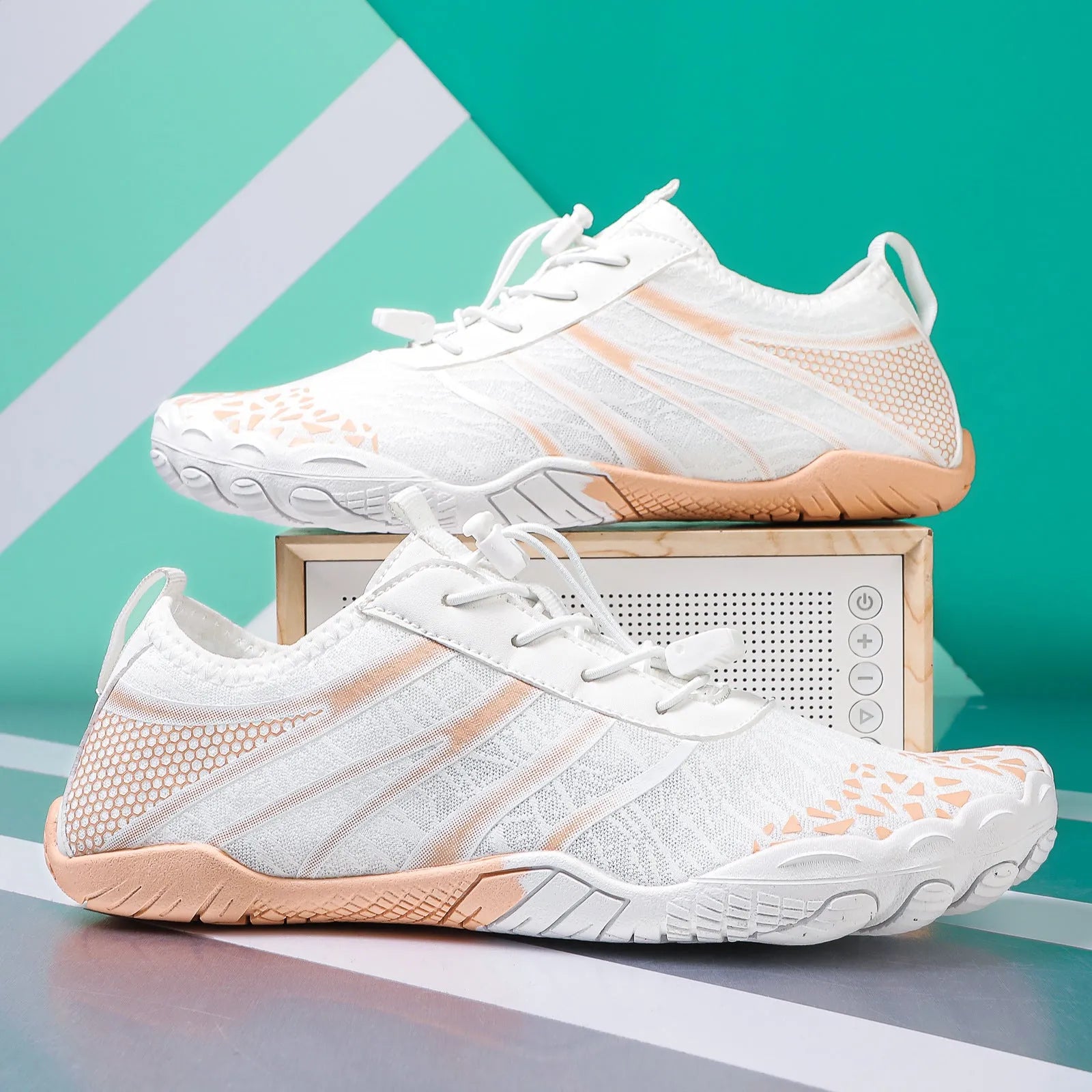 Casual unisex beach running shoes with Lycra stretch fabric upper, shown in beige colour.