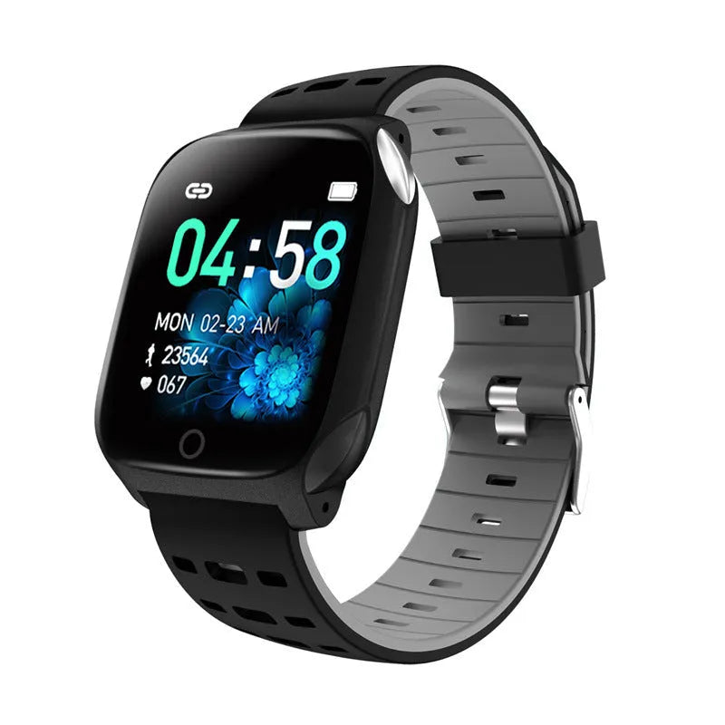 F16 Smart Watch with ECG monitor on a silicone wristband, showing black grey colour option.