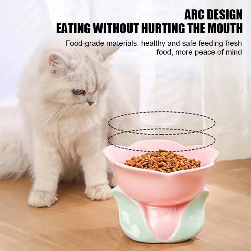 Blue floral patterned ceramic raised pet bowl with non-slip base for cats or small dogs.