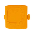 Red silicone baking tray with hand clamp attachment showing anti-scald design