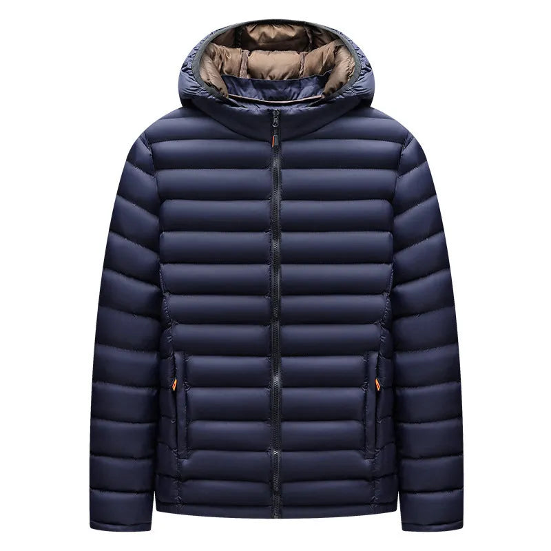 Man wearing a lightweight solid-colour hooded down jacket with a detachable collar and zipper pockets.