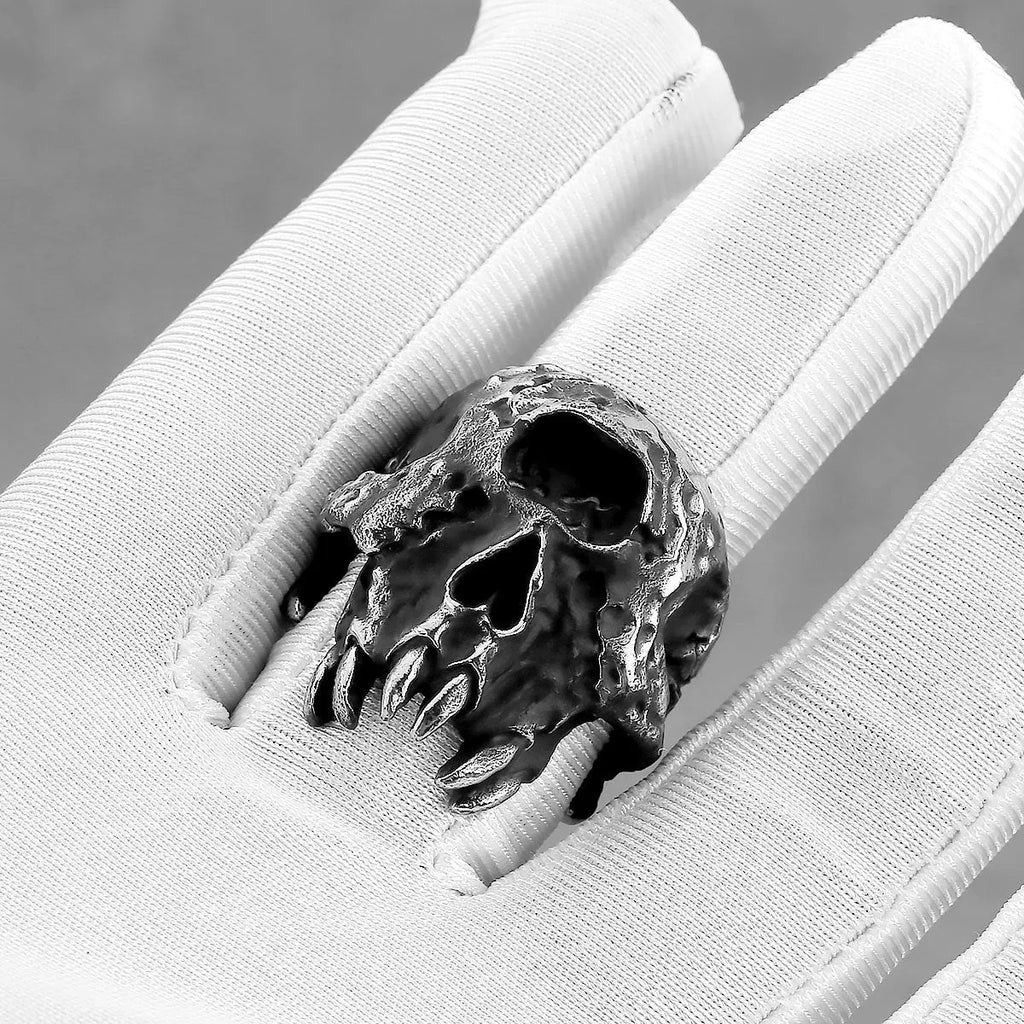 Electroplated alloy skull ring showing one-eyed design on finger, retro punk hip hop style