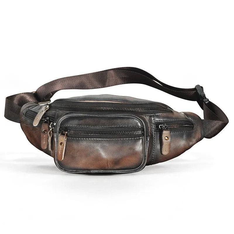 Brown leather retro messenger bag with single shoulder strap showing front compartment and silver hardware