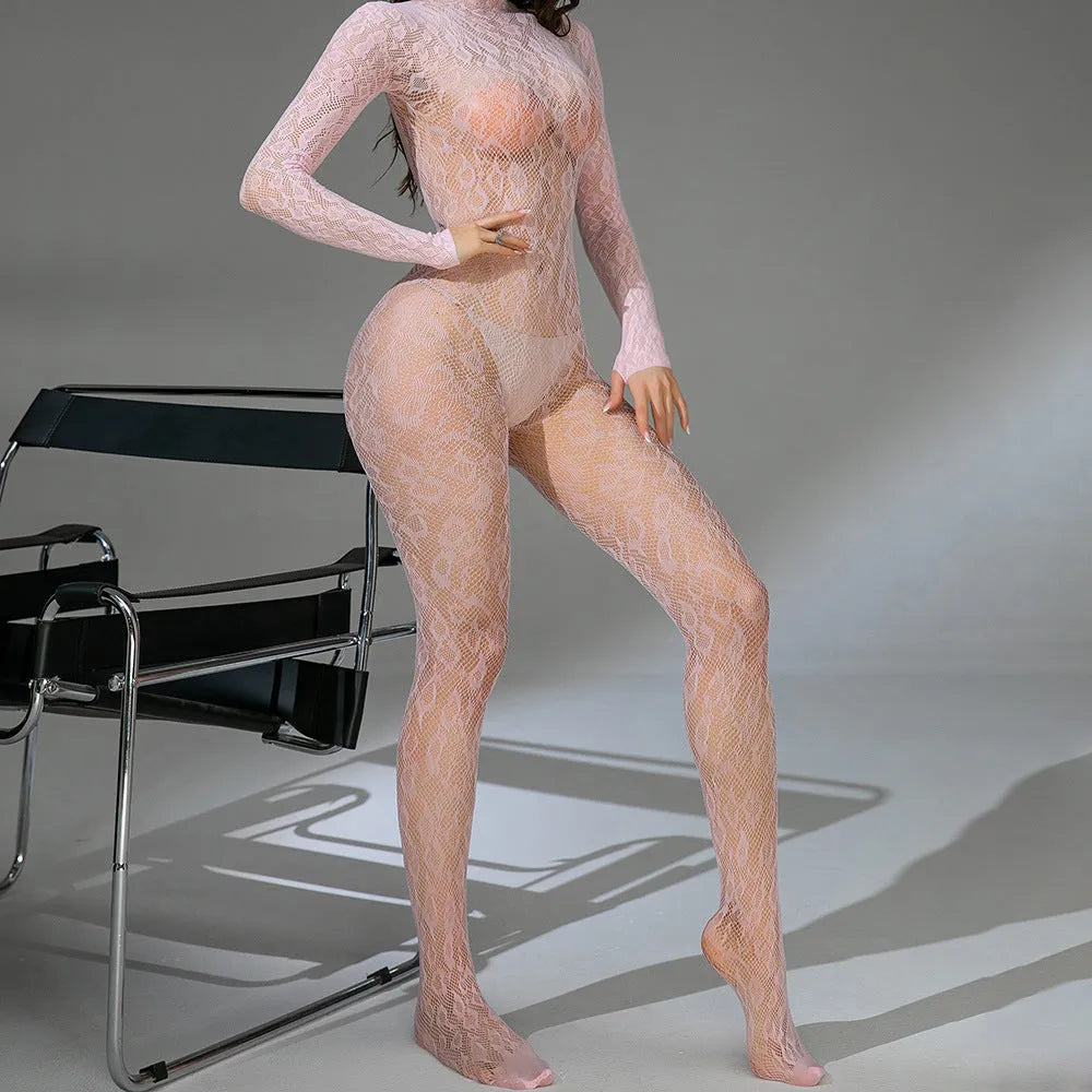 Women's black fishnet lingerie bodysuit with Jacquard detailing, long sleeves, and backless design