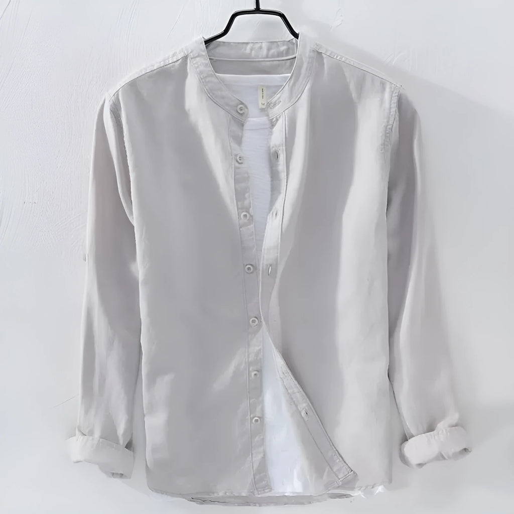 Men's loose fit long sleeve casual shirt in linen-cotton blend, shown in dark blue colour.