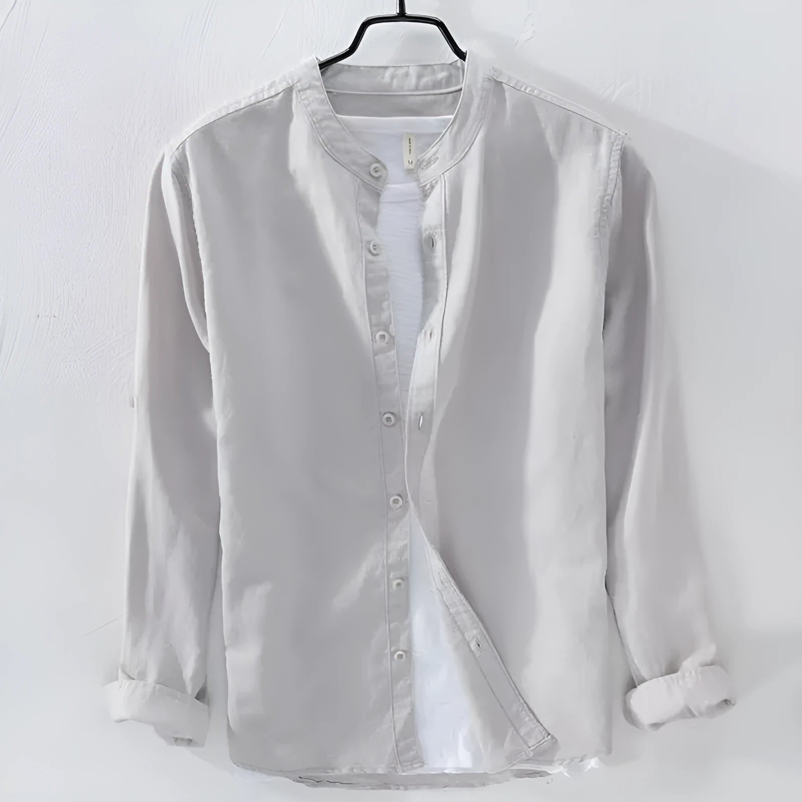 Men's loose fit long sleeve casual shirt in linen-cotton blend, shown in dark blue colour.