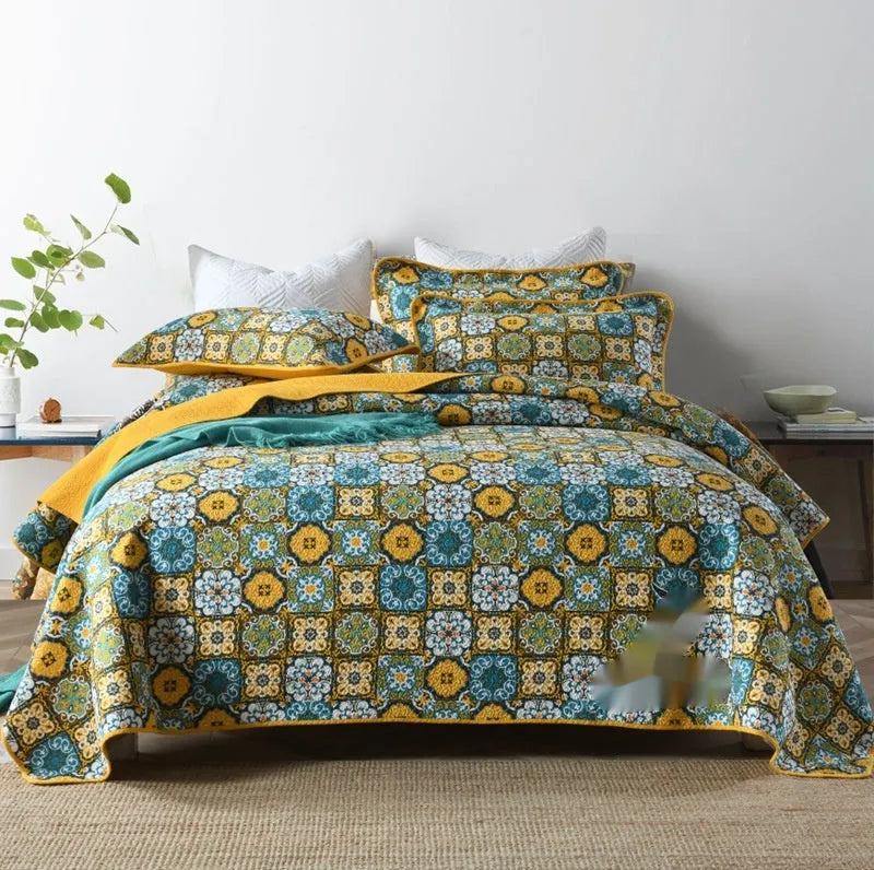 Pure cotton bedspread three-piece set with geometric printed pattern for 1.8 metre bed