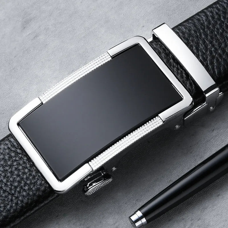 Men's leather automatic click belt in gold, silver, and gun black finishes showing buckle detail