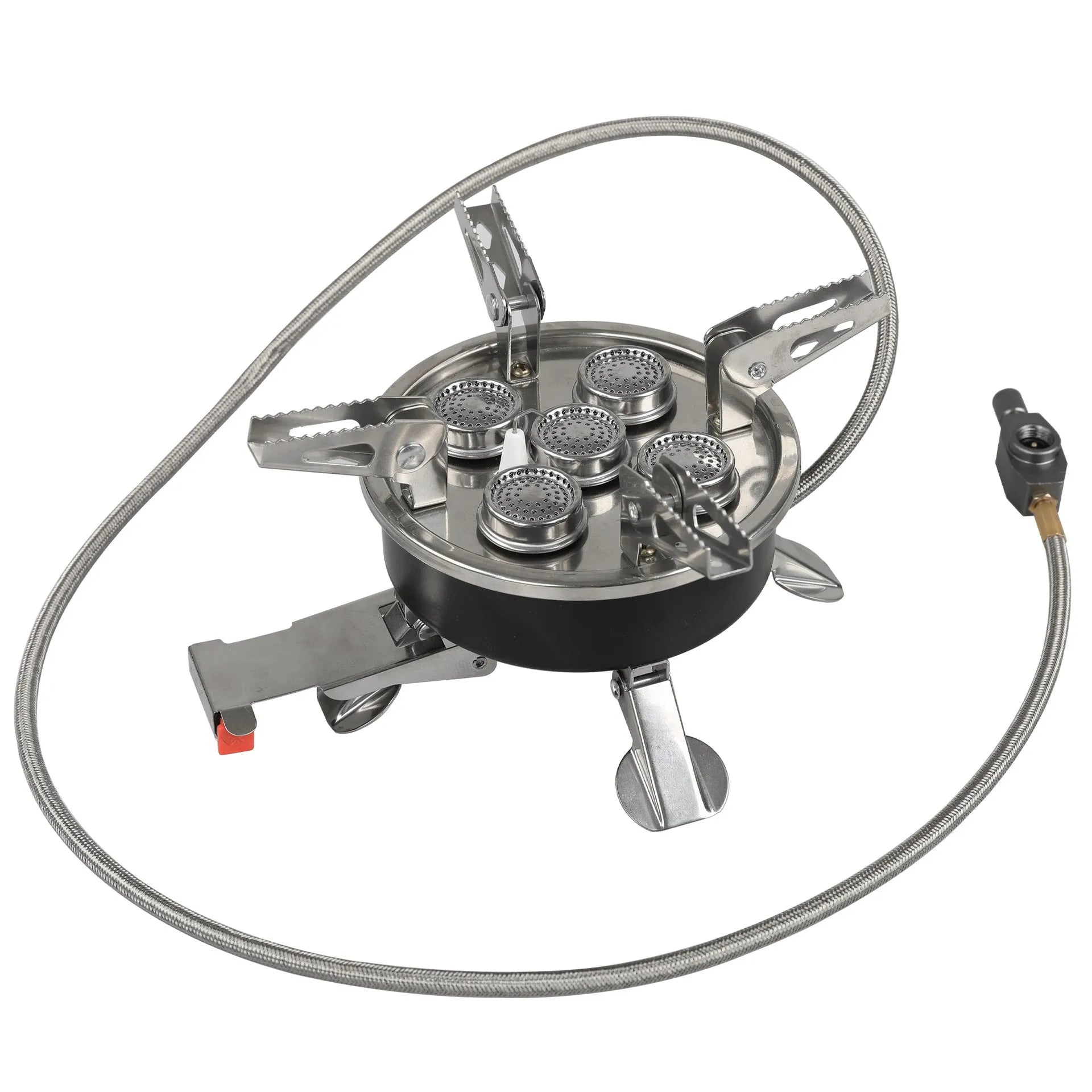Silver foldable stainless steel portable camping split stove with a long gas hose