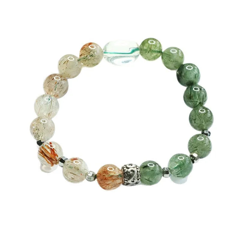 Natural green quartz rutilated black gold Super Seven bracelet approximately 8.5mm beads Chinese style stone accessory