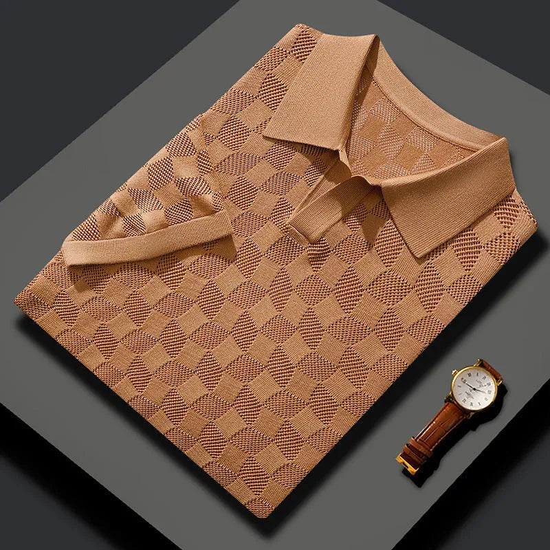 Men's short sleeve business casual lapel sweater in mulberry silk, available in black, white, gray and camel colours