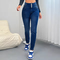 Dark blue denim women's trousers with breasted button front and straight-leg cut
