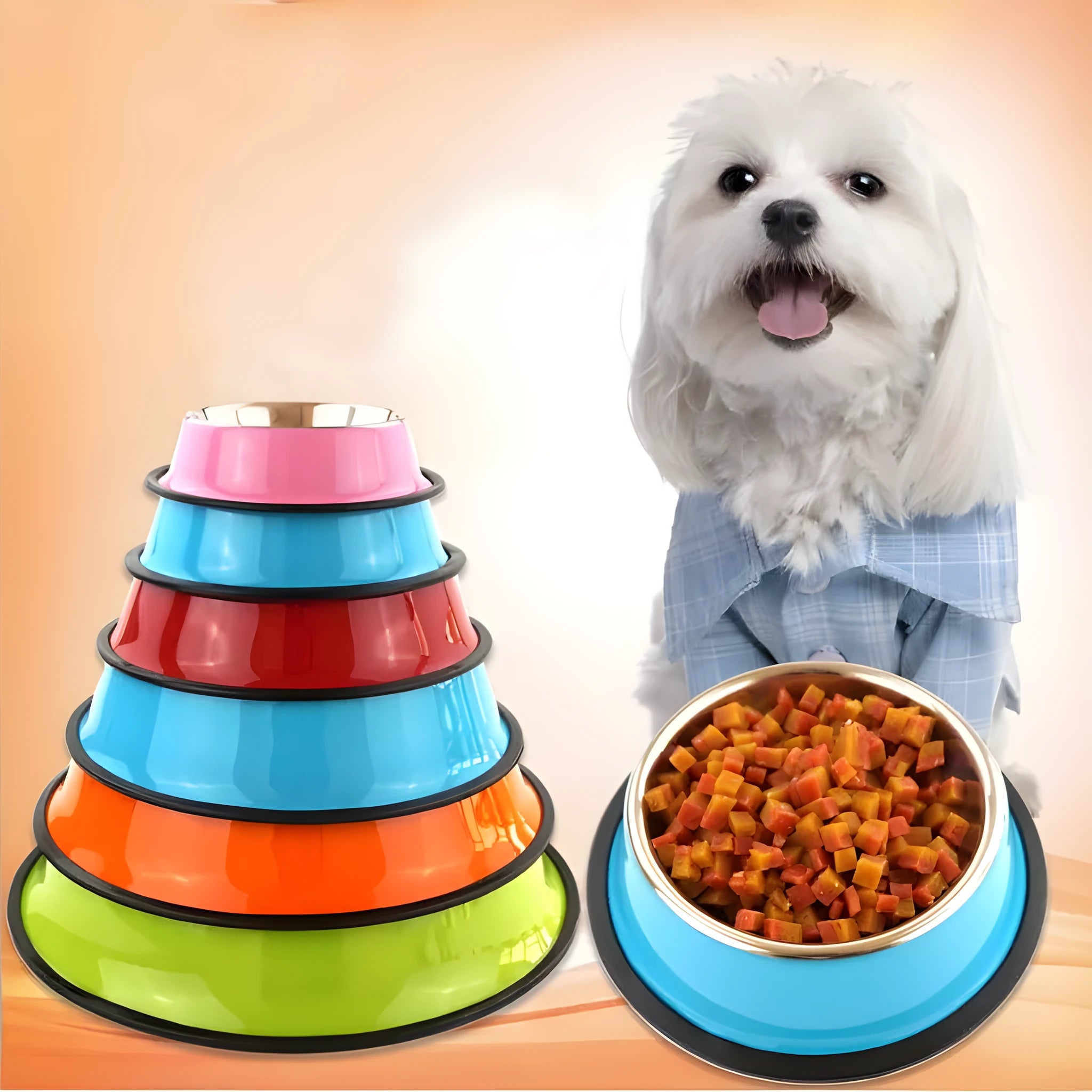 Stainless steel pet bowl with colourful melamine base and non-slip rubber ring in multiple colour options