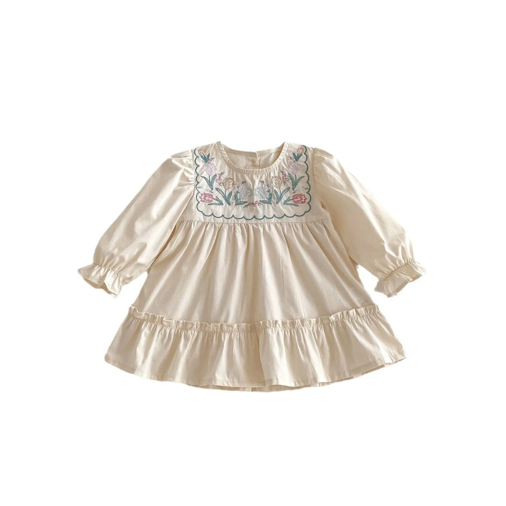 Girls' apricot cotton ruffled flower embroidered long sleeve princess dress for spring autumn parties