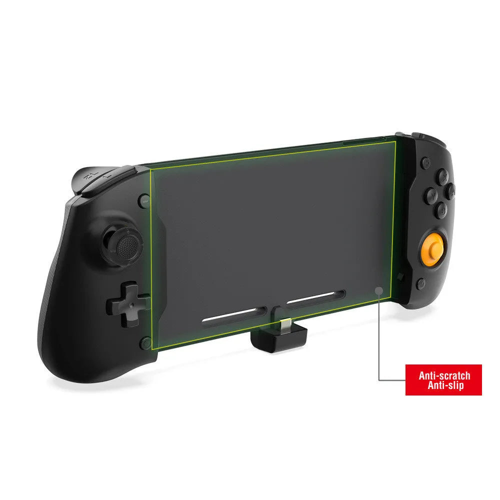 Black portable Switch gamepad attached to Nintendo Switch OLED console showing controller layout
