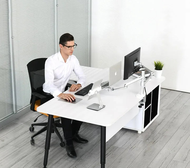 Silver aluminium and ABS folding stand holding a tablet, showing 360-degree rotation and anti-slip silicone pads.