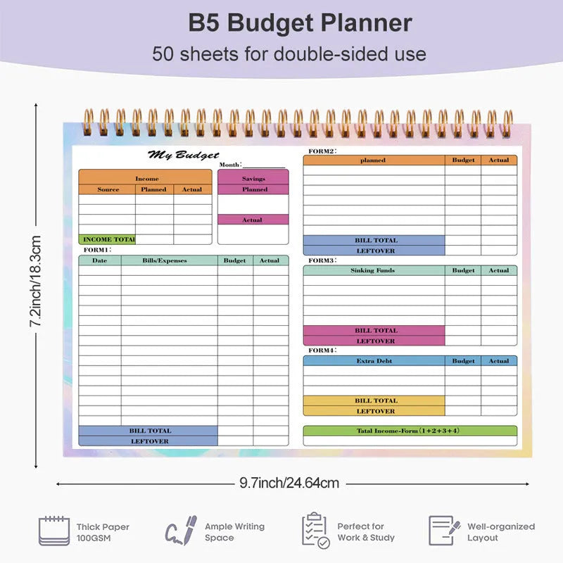 B5 spiral-bound budget tally book with a blue PP cover, open to show lined pages for income and expense tracking.