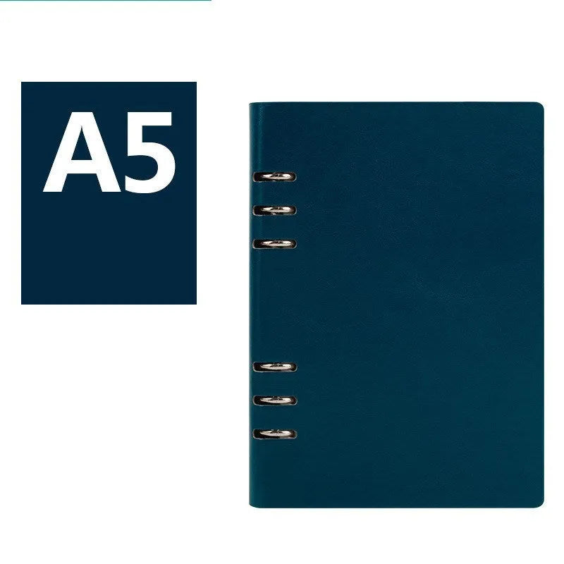 Imitation leather loose-leaf notebook in red, shown open, with A5, A6, and B5 size options.