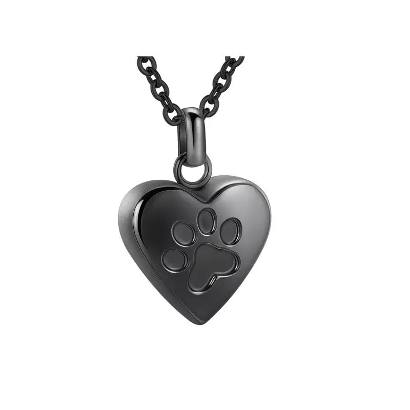 Titanium steel heart pendant casket necklace with love paw print design that opens for memorial ashes