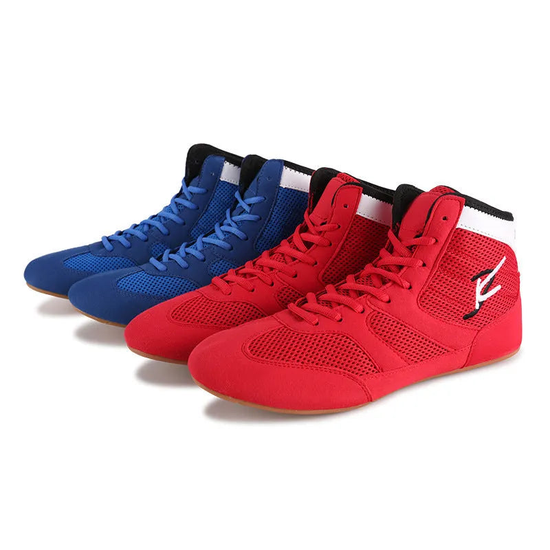 Breathable mesh wrestling boxing training shoes in red and blue with lace-up closure