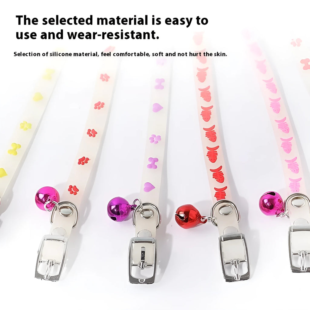 Adjustable luminous cat collar with silicone rope chain and metal bell in one of four pattern styles