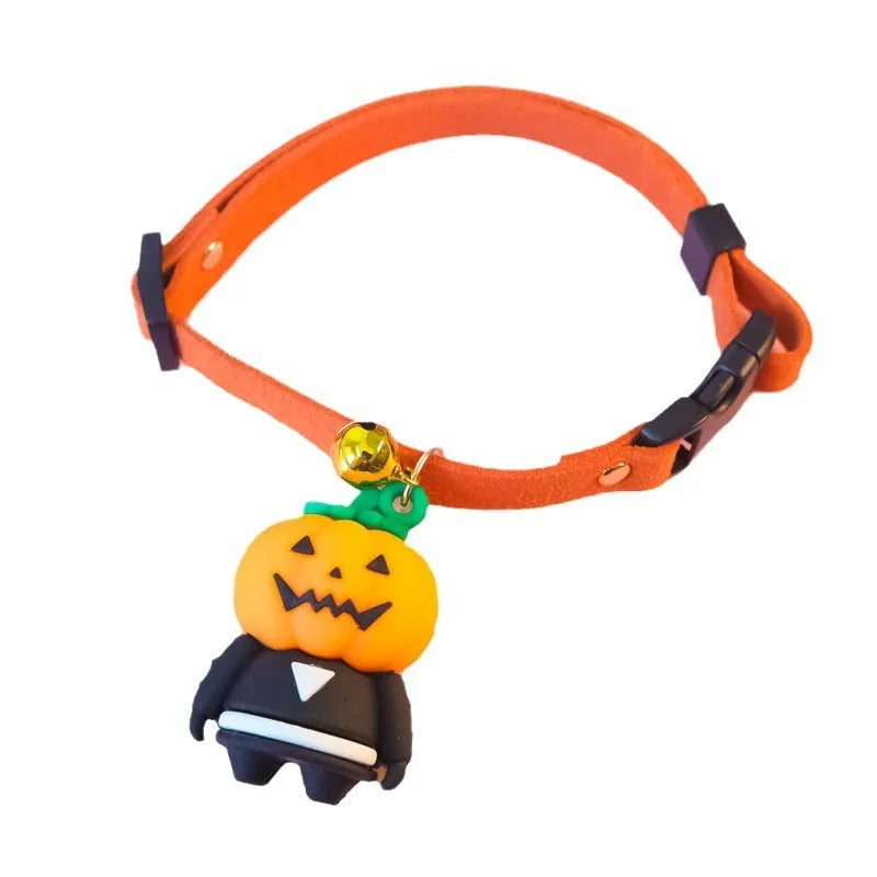 Halloween pet collar decoration showing pumpkin man, luminous brat, and luminous skull cartoon patterns on polyester collar