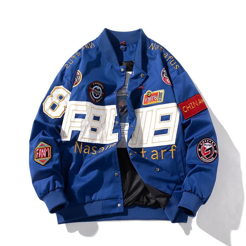 Black American motorcycle baseball uniform with removable hood for couples in autumn winter style