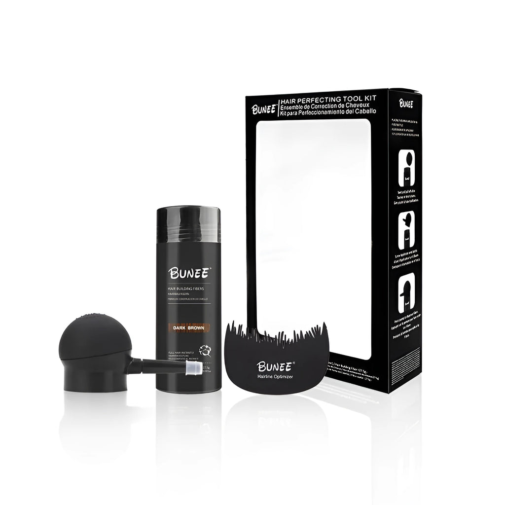Boxed dense hair fibre powder three-piece set with applicator and lock-in spray for thinning hair coverage.