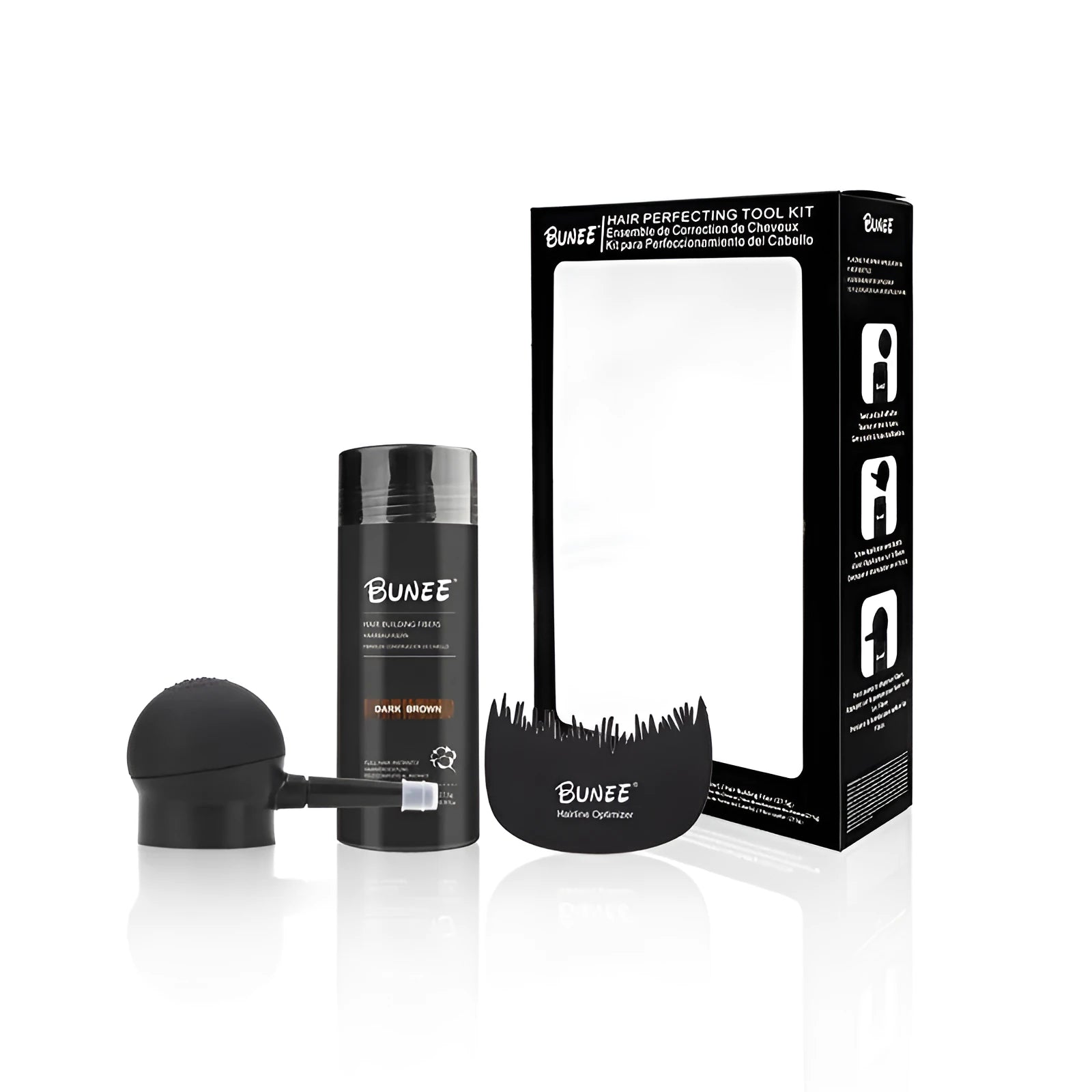 Boxed dense hair fibre powder three-piece set with applicator and lock-in spray for thinning hair coverage.
