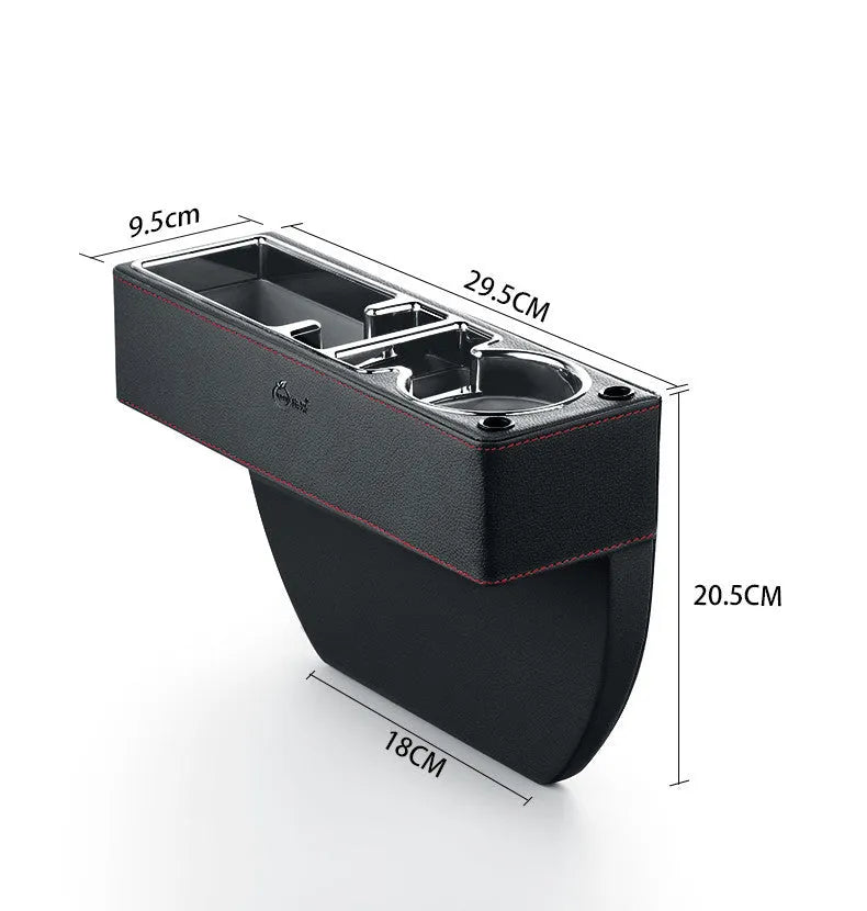 Black leather and plastic car seat gap storage box inserted between car seat and centre console