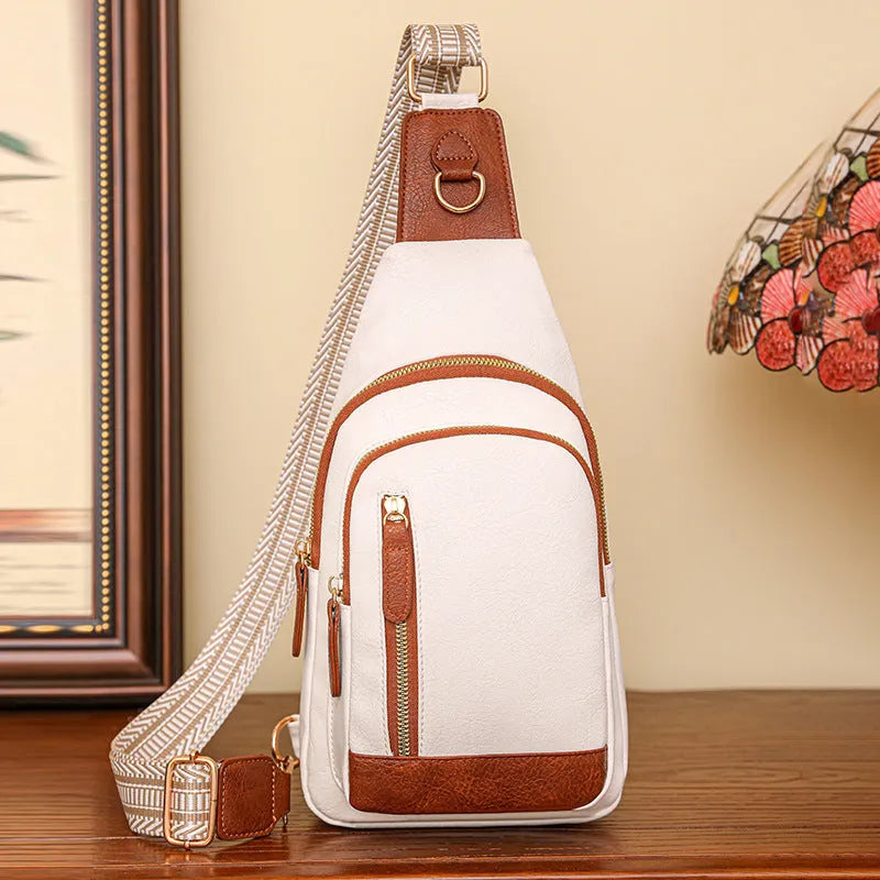Women's soft PU chest bag in beige with multiple compartments and crossbody strap