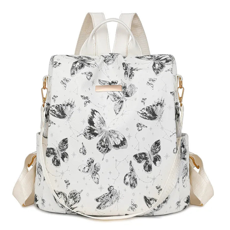Butterfly printed PU backpack in multiple colours showing sewing line detail and curved backplate