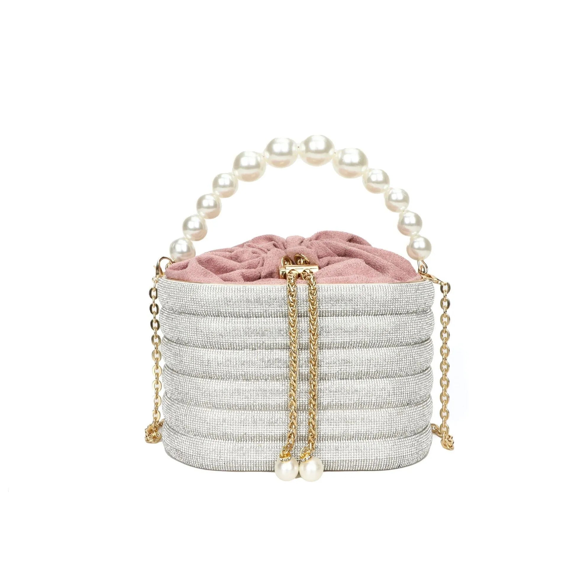 Women's retro style crossbody bag with pearl beads and rounded shape in soft PU material
