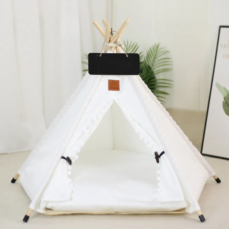 Portable pet teepee tent with cushion for small dogs cats rabbits in linen material