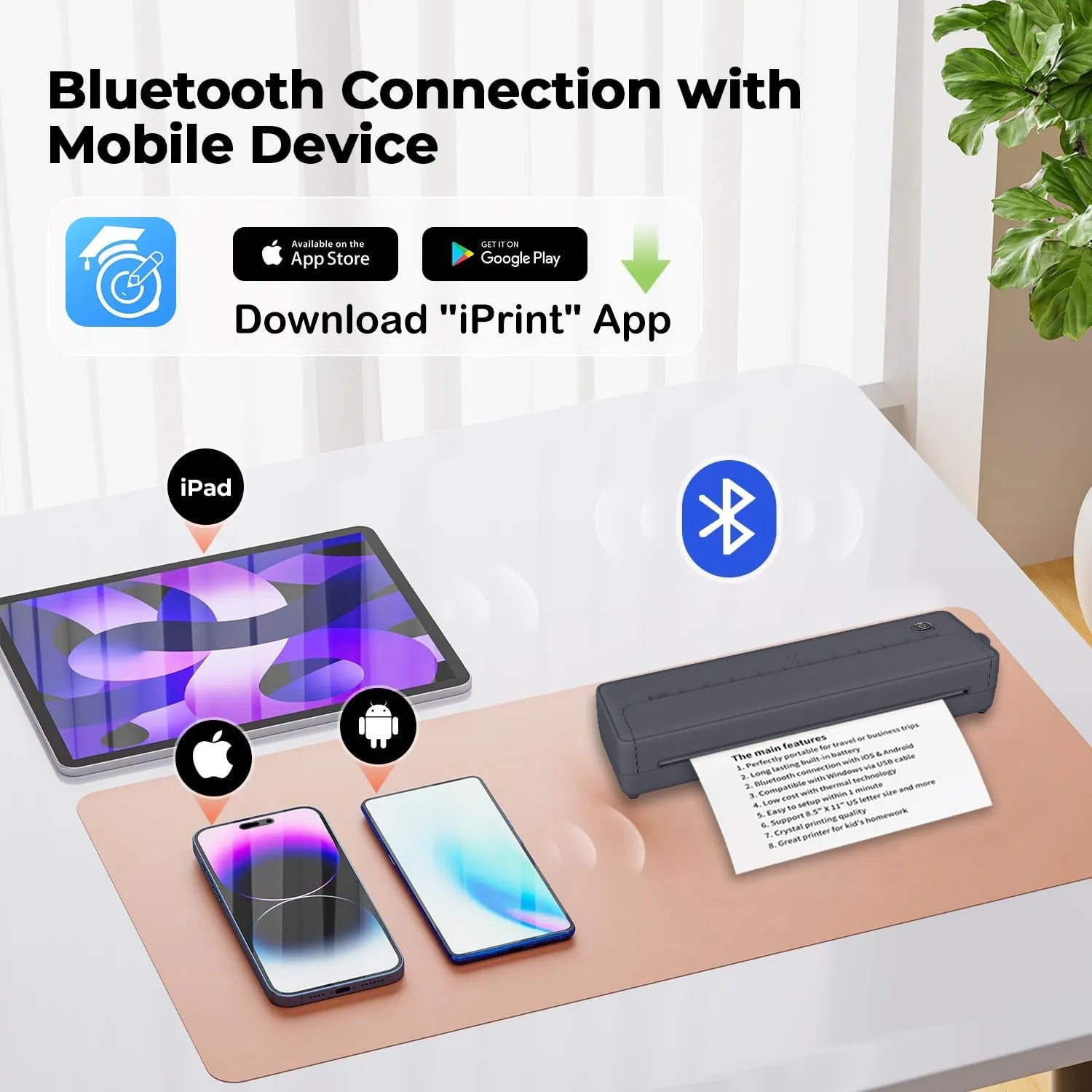 Portable A4 Bluetooth thermal printer with compact design for wireless mobile and computer printing