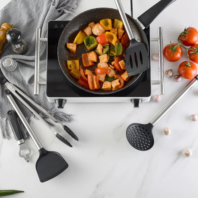 Black silicone spatula and spoon set with stainless steel handles, 16-piece kitchen utensil collection