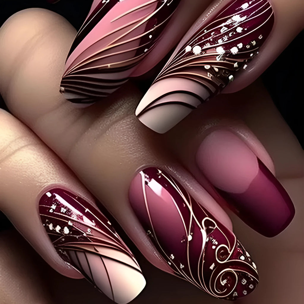 French line pattern fake nails with glue adhesive in simple European and American style