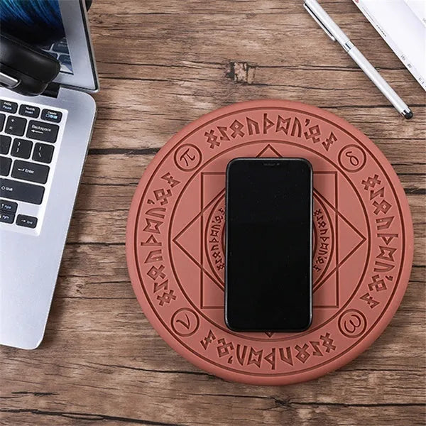 Square wireless phone charger with glowing magic array pattern measuring 25cm with thin 1.5cm profile