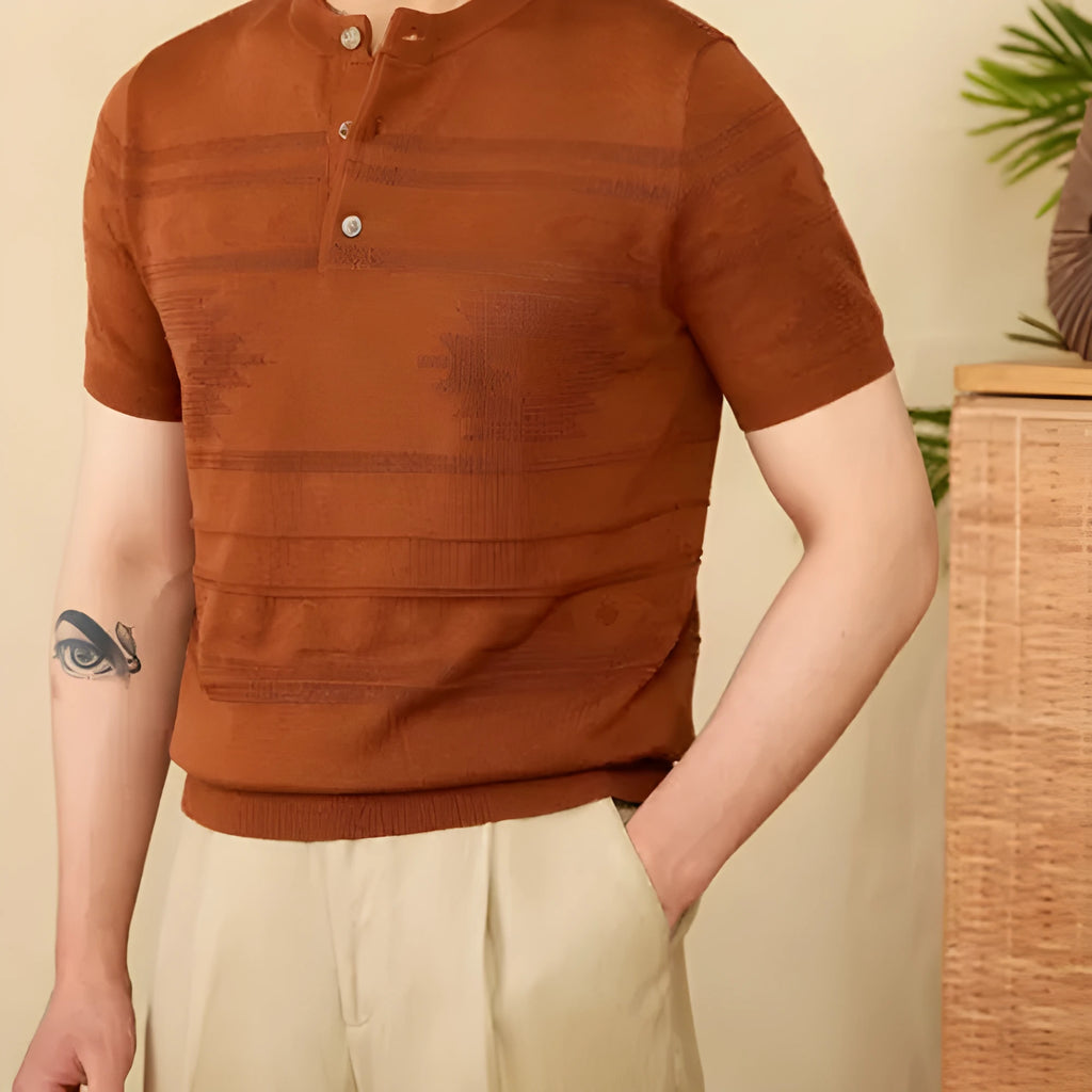 Knitted Henley shirt American retro slim-fit short sleeve in denim blue cotton lyocell blend