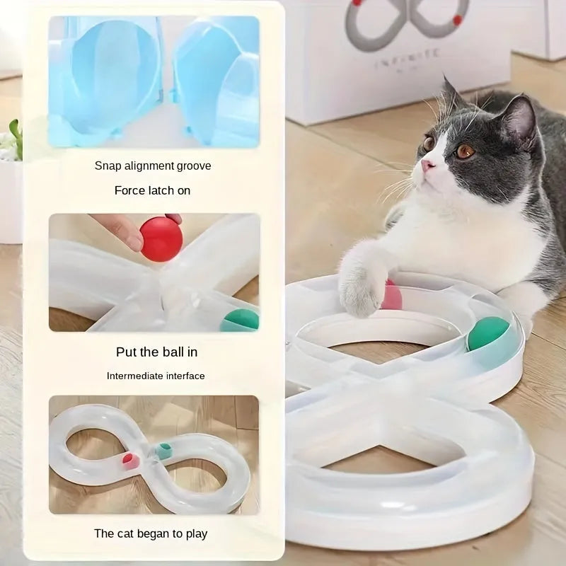 Rotating cat track toy with rolling balls and teasing stick on blue background