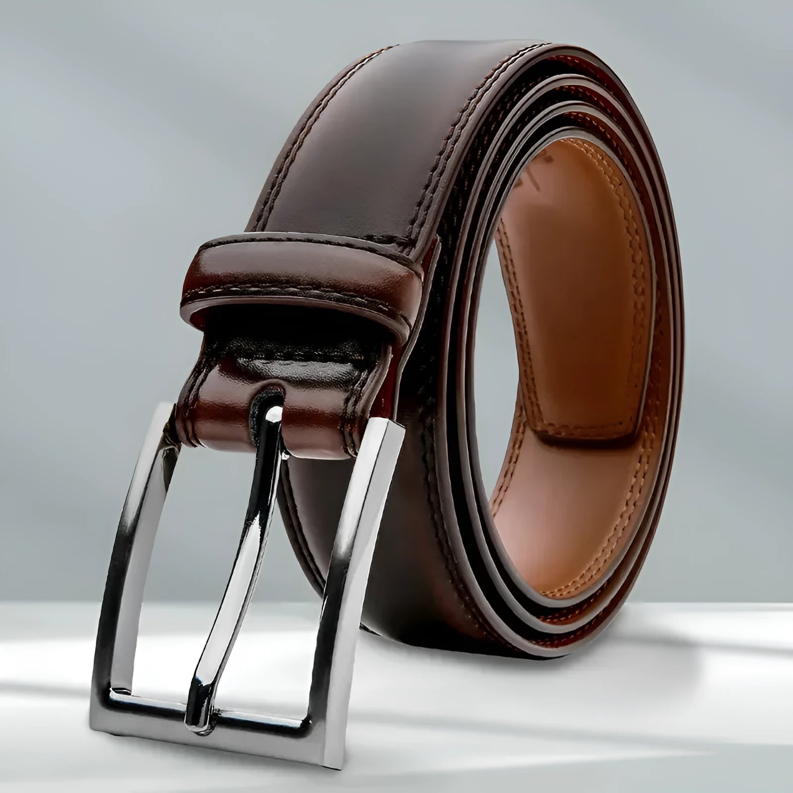 Men's genuine leather casual belt with an alloy buckle in brown, shown with length options from 110cm to 130cm