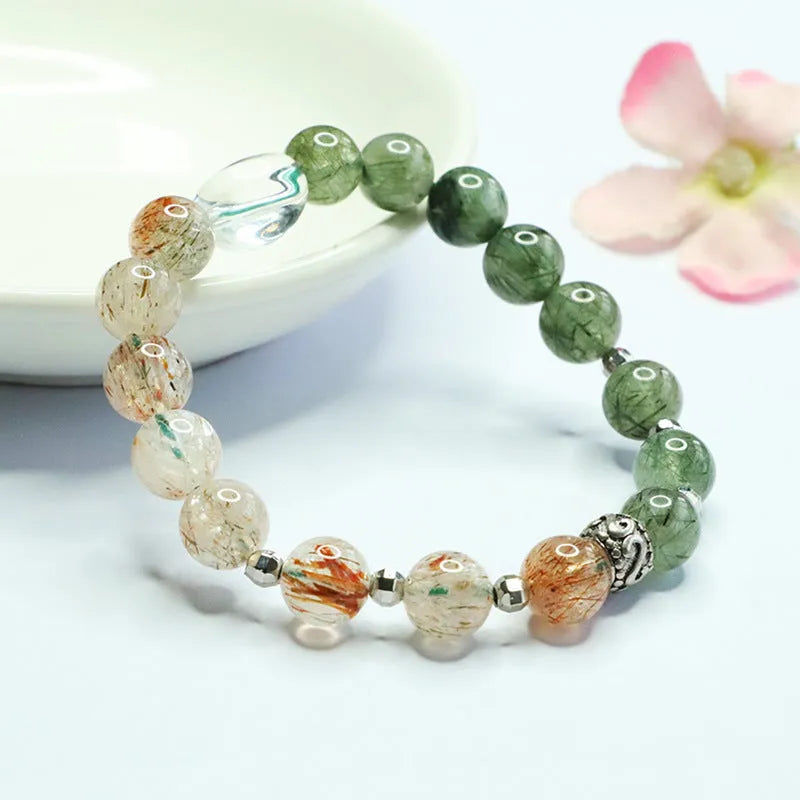 Natural green quartz rutilated black gold Super Seven bracelet approximately 8.5mm beads Chinese style stone accessory