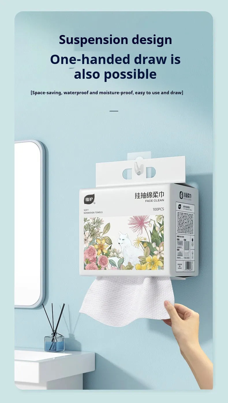 Hanging disposable face towel roll with 100 soft cloths made from viscose and polyester blend