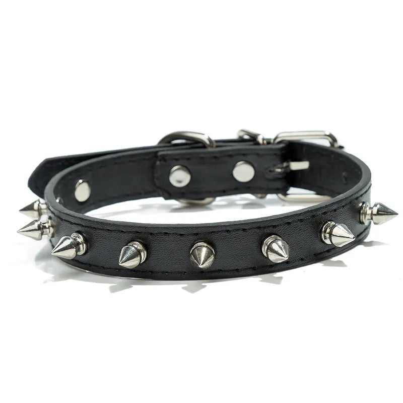 A spiked dog collar made of black PU leather with metal studs and an alloy metal buckle.