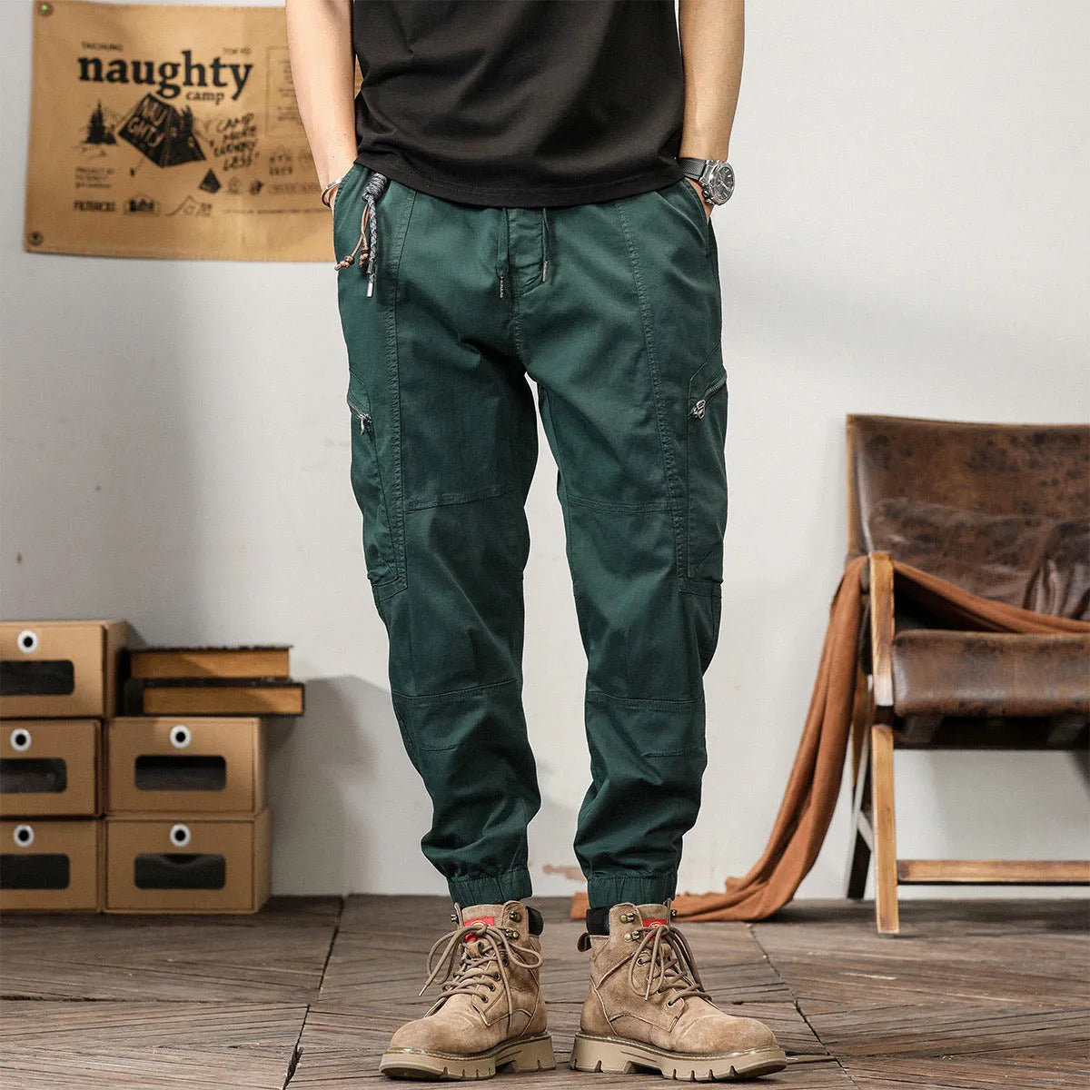 Men's cotton retro harem pants in tapered fit with ankle banding and zip fly