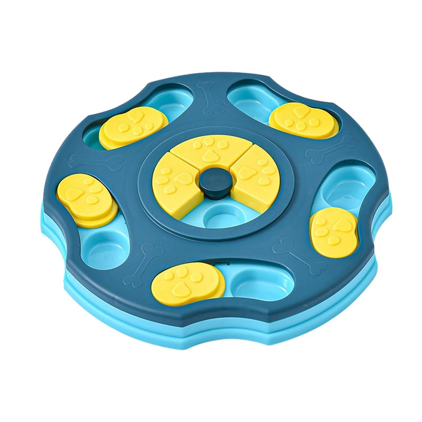 Blue dog puzzle feeder bowl with movable compartments for food-searching games and mental stimulation