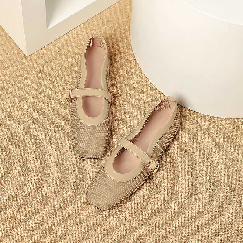 Women's beige mesh pump with square toe and adjustable buckle on flat heel.