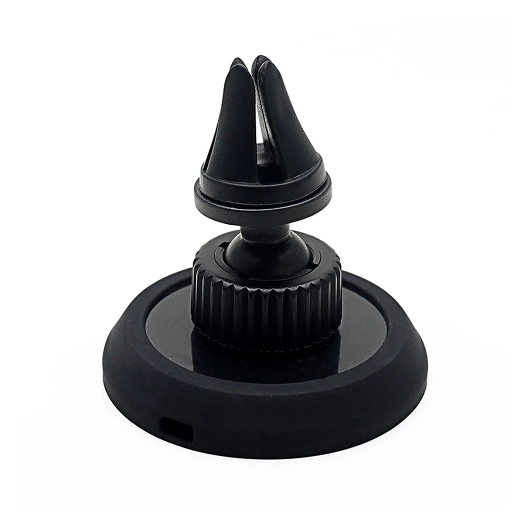 Black plastic car mobile phone holder with magnetic snap-in attachment for dashboard or air vent mounting