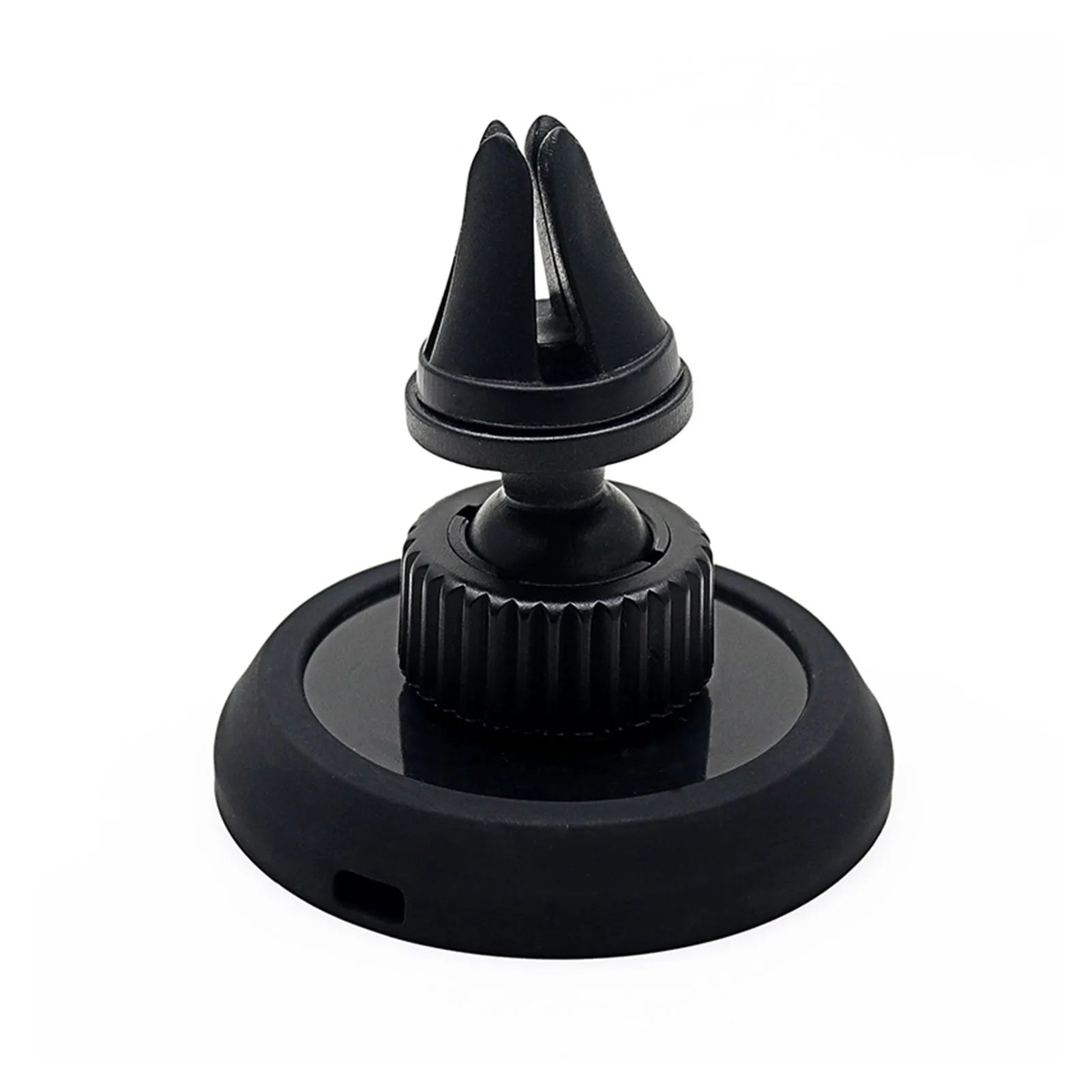 Black plastic car mobile phone holder with magnetic snap-in attachment for dashboard or air vent mounting