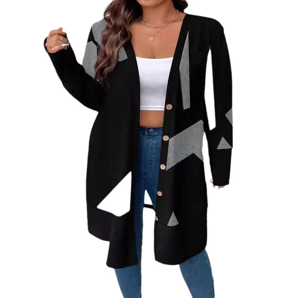 Black plus size casual cardigan with button detailing and stitching print in loose Japanese Korean style